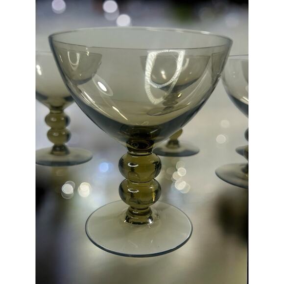 5 MCM - 5-Smoke/ Olive - Double Bubble Stem Champagne Coupe Cocktail Glasses - Picture 1 of 7